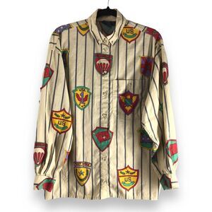 Liz Wear Size Large Cotton Novelty Print Military Medals Airborne Blouse‎ Button